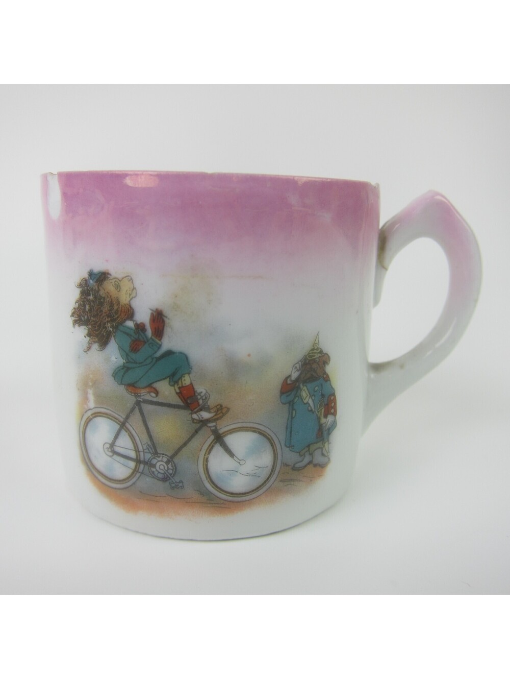 Antique Porcelain Lusterware Childs Cup Lion Riding Bicycle Leuchtenberg Germany